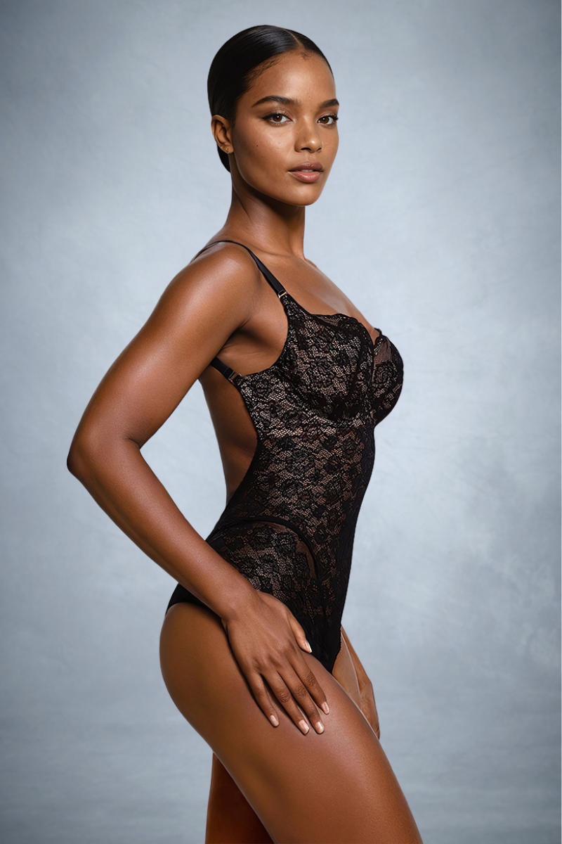 Backless bodysuit shaper in black lace with soft cups for fuller bust support in side view| ENDER LEGARD