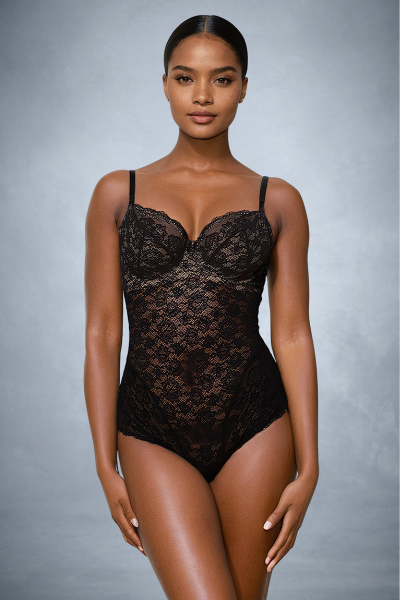 Backless underwear bodysuit with soft bra in black stretch lace front view| ENDER LEGARD